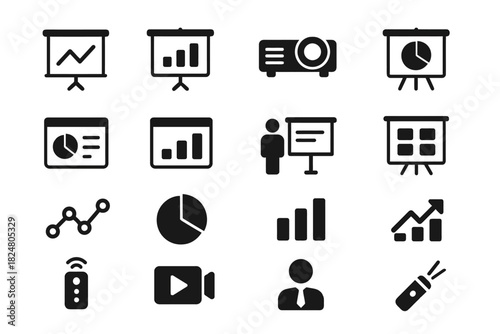 Business presentation and projection icons set: charts, projectors, graphs