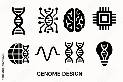 Genome design icons: dna, technology, brain, circuit, globe, wave, innovation