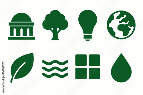 Green sustainability icons: earth, tree, government, energy, water, renewable symbols