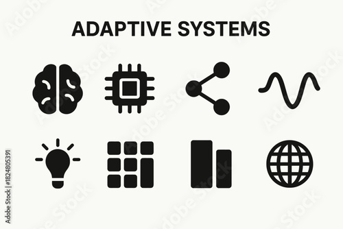 Adaptive systems icons: brain, microchip, network, frequency, lightbulb, grid, bar, globe
