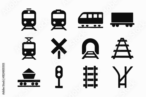 Train and railway icons: trains, tracks, signals, and more