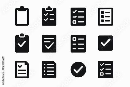 Collection of simple black clipboard and checklist icons on white background