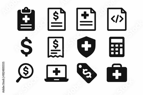 Medical and financial icon set featuring documents, symbols, and devices