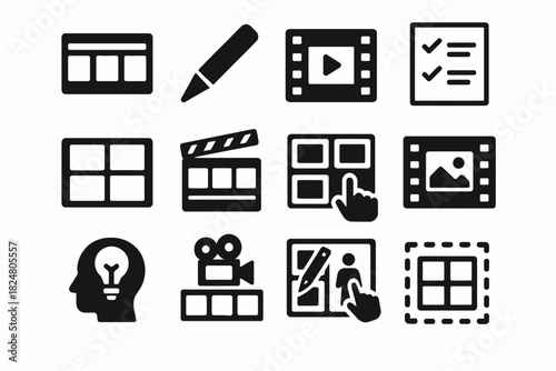 Set of video editing and multimedia icons with clapperboard and storyboard elements