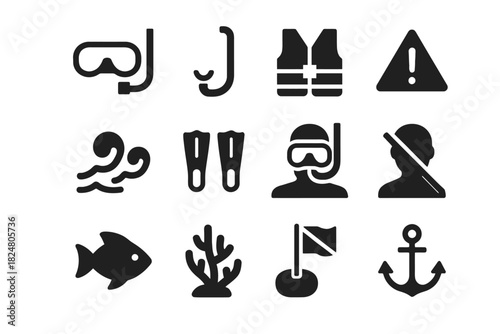 Diving and safety icons set: snorkel, life vest, warning, and marine symbols