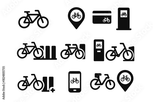 Bicycle rental icons set featuring bikes, stations, and gps markers for urban mobility