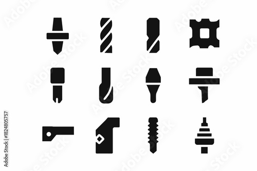 Silhouette icons of various industrial drill bits for manufacturing and construction