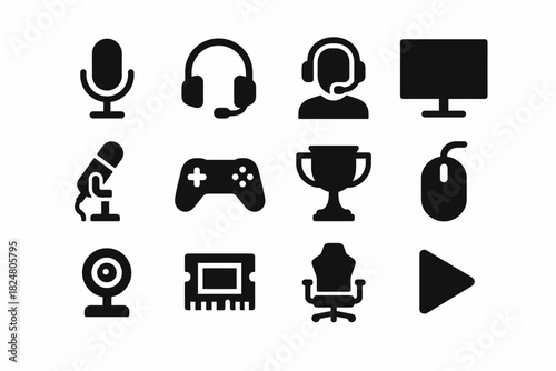 Gaming and streaming icons: microphone, headphones, game controller, trophy, and more