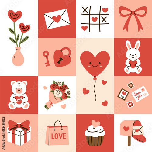 Vector Valentines Day seamless pattern arranged in grid. Romantic geometric pattern with hearts, flowers, toys, letters, balloons, gifts, cute holiday symbols in for wrapping, greeting, decor.