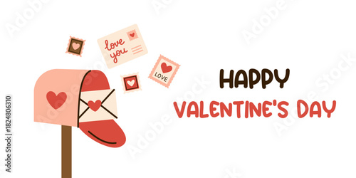 Vector banner or greeting card with mailbox, love letter, stamps, and Happy Valentines Day text. Romantic holiday postcard or announcement for Valentines Day celebration in flat cute style.