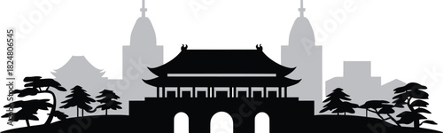 Ancient chinese gate silhouette with pine trees against modern city skyline vector background