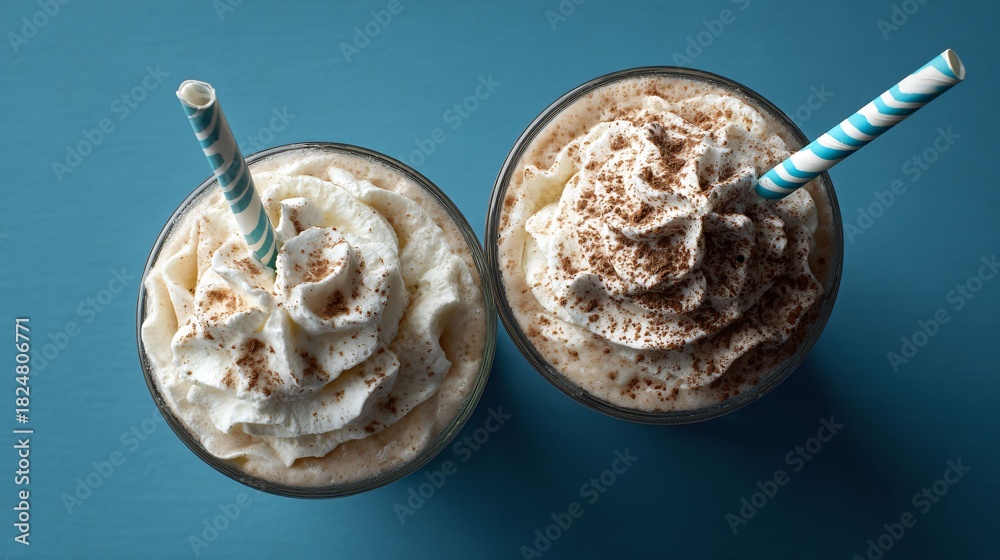Fototapeta premium A top-down of two milkshakes with straw cross pattern, geometric aesthetic