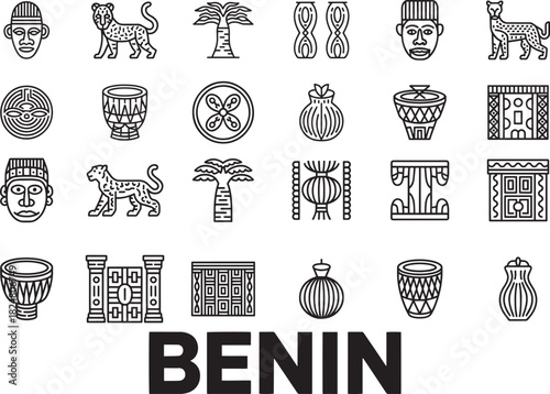 Benin line icons set african traditional culture masks animals and tribal symbols vector