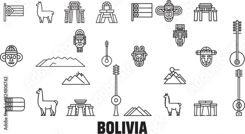 Bolivia line icons set llama flag mask mountains andean region symbols collection vector