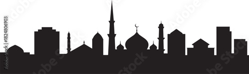 Diverse islamic cityscape silhouette vector illustration showing mix of modern buildings domes and traditional minarets urban view.