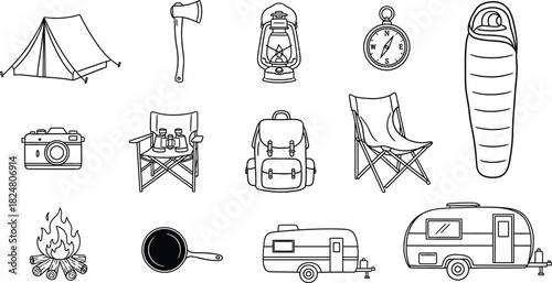 Hand drawn camping equipment collection in black and white illustration