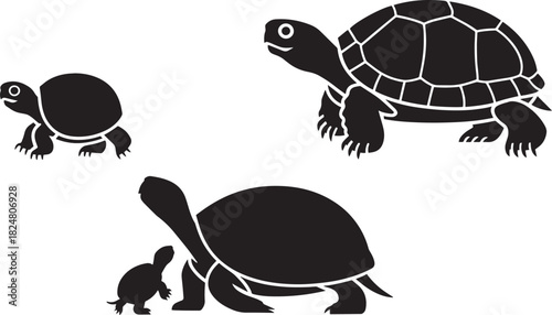 Family of three sea turtles black silhouette icons set isolated on transparent background vectors