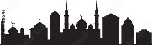Detailed islamic cityscape silhouette vector illustration featuring numerous domes minarets towers and traditional buildings backdrop.