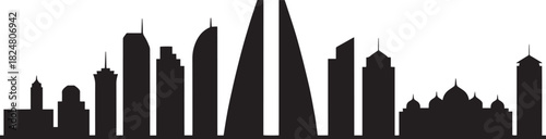 Futuristic middle eastern city skyline silhouette vector featuring sharp modern skyscrapers towers and traditional small domes.