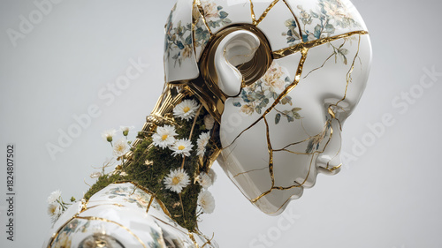 Futuristic Kintsugi Cyborg Head Sculpture with Floral Porcelain, Gold Cracks, Moss, and Mechanical Elements Symbolizing Rebirth.