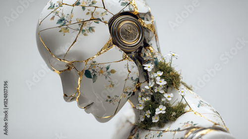 Futuristic Kintsugi Cyborg Head Sculpture with Floral Porcelain, Gold Cracks, Moss, and Mechanical Elements Symbolizing Rebirth.