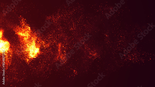 Fire particles flare and dissipate in the darkness, creating a dynamic interplay of movement and light. A flash of cosmic fire or the birth of a star.