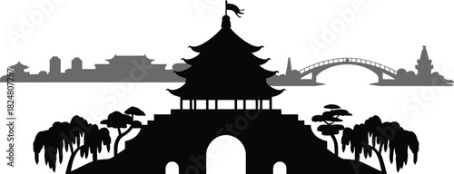 Traditional asian tiered pagoda silhouette over arched gateway with distant bridge and skyline