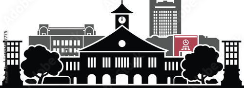 University building silhouette with clock tower academic campus and city background