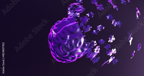 Obraz na płótnie Glowing Purple Brain Breaking into Metallic Puzzle Pieces on Dark Background