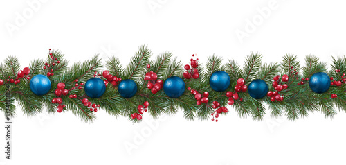 Christmas garland with pine branches red berries and blue ornaments isolated on a transparent background
