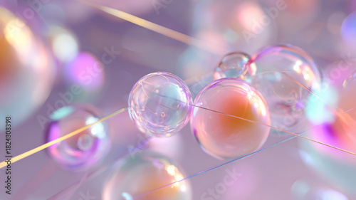 Dreamy Composition Of Floating Transparent Soap Bubbles With Rainbow Iridescent Colors On Soft Pastel Background