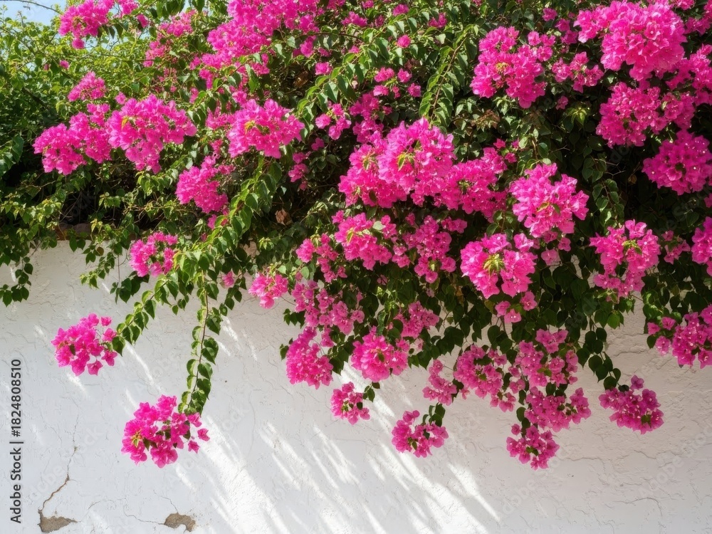 Fototapeta premium Vibrant pink bougainvillea cascading over a white wall