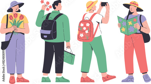 Tourists characters set taking pictures and holding travel map wearing backpacks in flat vector illustration 
