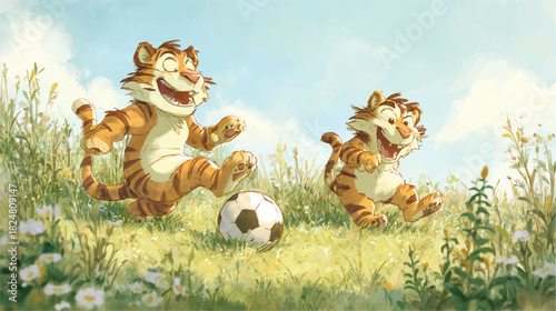 Cartoon Tigers Playing Soccer on Grassy Field Cheerful Fun Concept