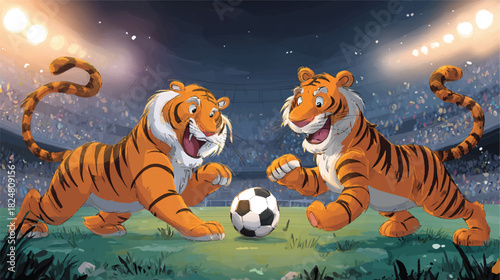 Cartoon tigers playing soccer in stadium illustration fun and energetic
