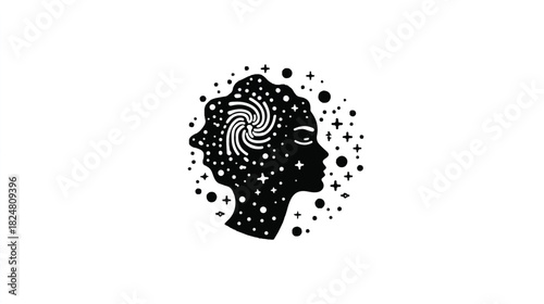 Celestial Mind Universe Within Woman Silhouette Black and White Graphic
