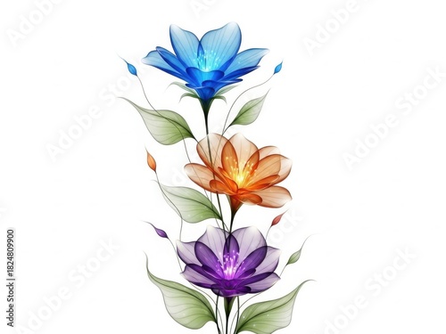 Three glowing translucent flowers in a vertical arrangement