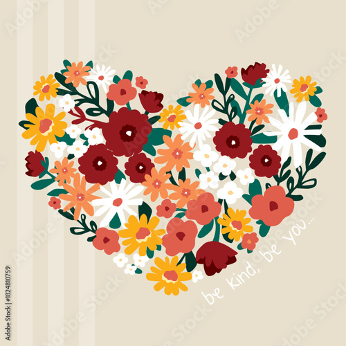 Floral heart shaped collage vector illustration with red, yellow and orange simple painted flowers. Apparel graphic artwork.