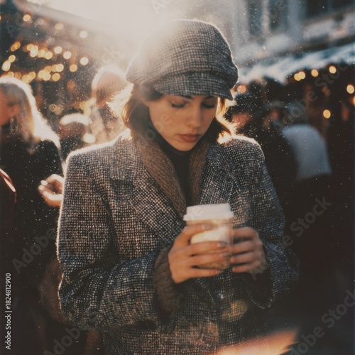 young woman drinking coffee on Christmas market