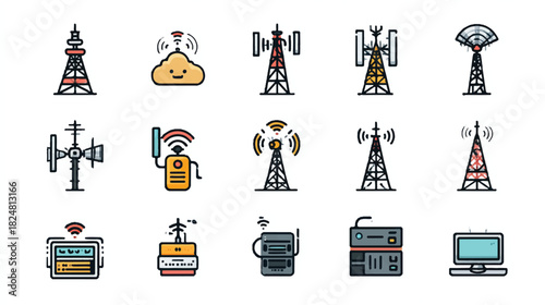Communication Towers Antennas and Devices Set for Wireless Technology Illustration