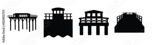 Coastal structures, piers, docks, and buildings silhouettes