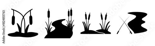 Cattail plant and fishing rod silhouettes river lake icons