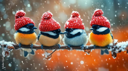 Cute winter birds in red knitted hats with white ones, sitting on the snow during a snowfall on a blurry winter background. With space at the edges for text placement.	
