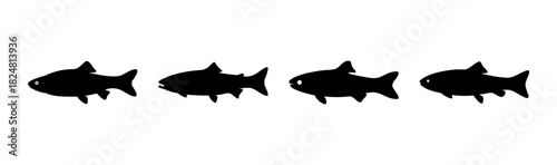 Four graphic fish silhouettes swimming in different directions