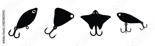 Assorted black silhouette fishing lure with hooks icon set