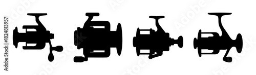 Set of four black silhouette fishing reels on white background