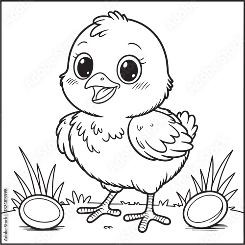 Inkblot chick: A cheerful monochrome illustration of an adorable chick, exuding innocence and charm as it stands among grassy blades. Capturing an essence of youthful simplicity.