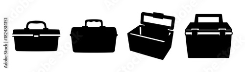 Set of diverse toolbox and storage container vector icons.