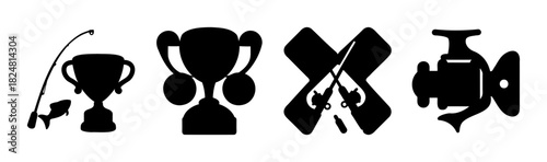 Fishing competition vector icons: rods, reel, fish, and trophies.
