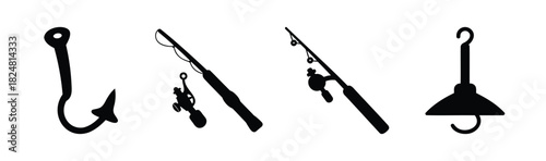 Fishing gear silhouettes: hook, fishing rod, reel, and lamp icon